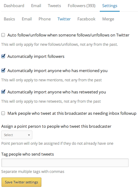 Broadcaster Twitter settings in NationBuilder