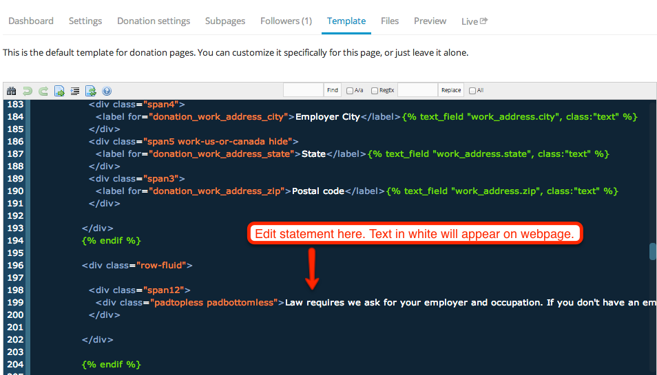 edit instructions on donation page