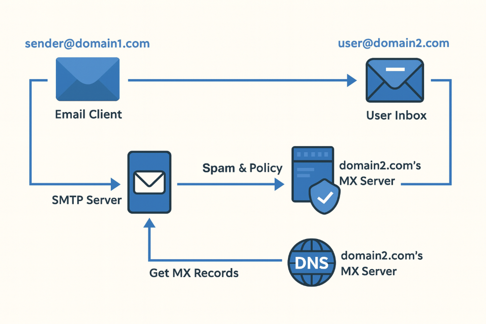 A diagram showing the various steps of an email's journey from sending outbox to recipient's inbox.
