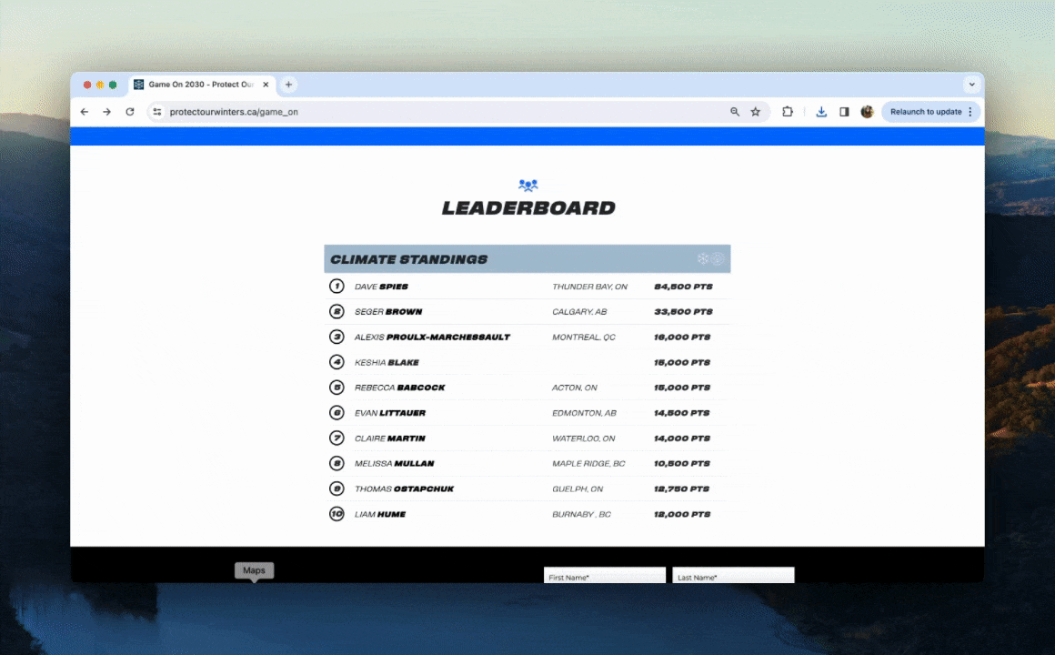 An animated GIF showcasing Protect Our Winters Canada's leaderboard.