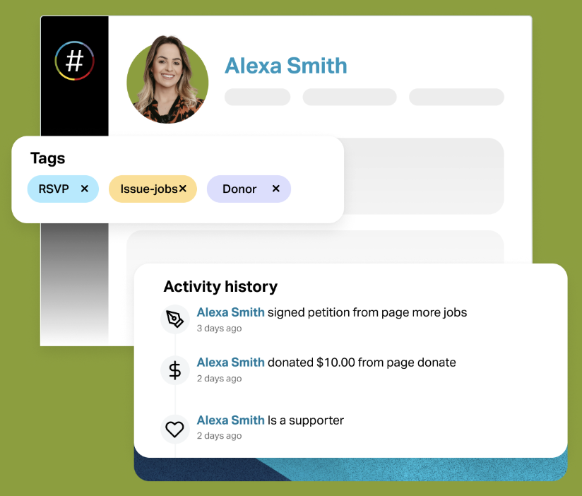 NationBuilder supporter profile for Alexa Smith showing contact tags (RSVP, Issue-jobs, Donor) and activity history including petition signature, $10 donation, and supporter status with timestamps