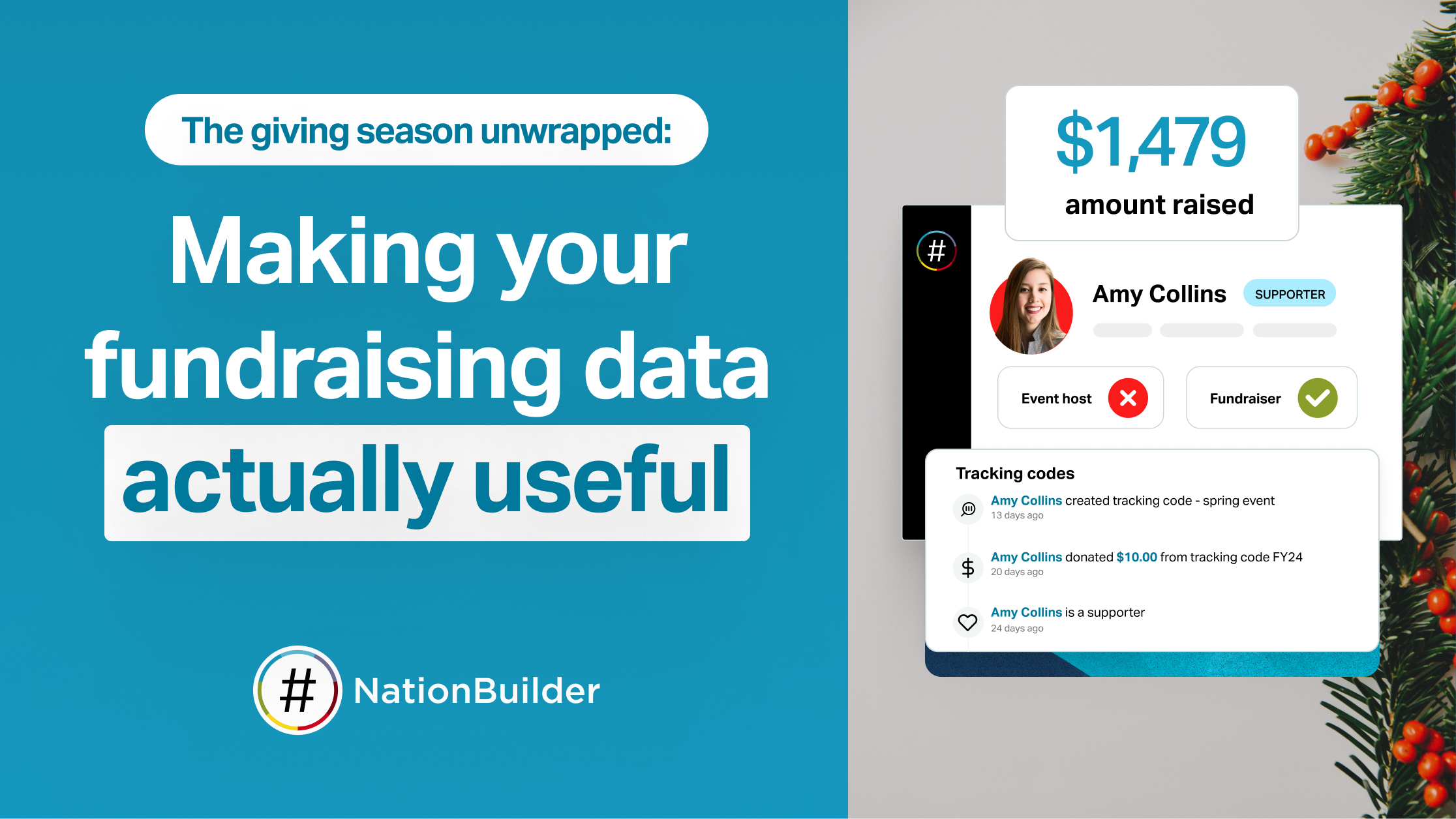 NationBuilder fundraising analytics dashboard showing supporter profile for Amy Collins with $1,479 raised, tracking codes for spring event donations, event host and fundraiser role tags, and timestamped activity history. Title text says "Making your fundraising data actually useful."