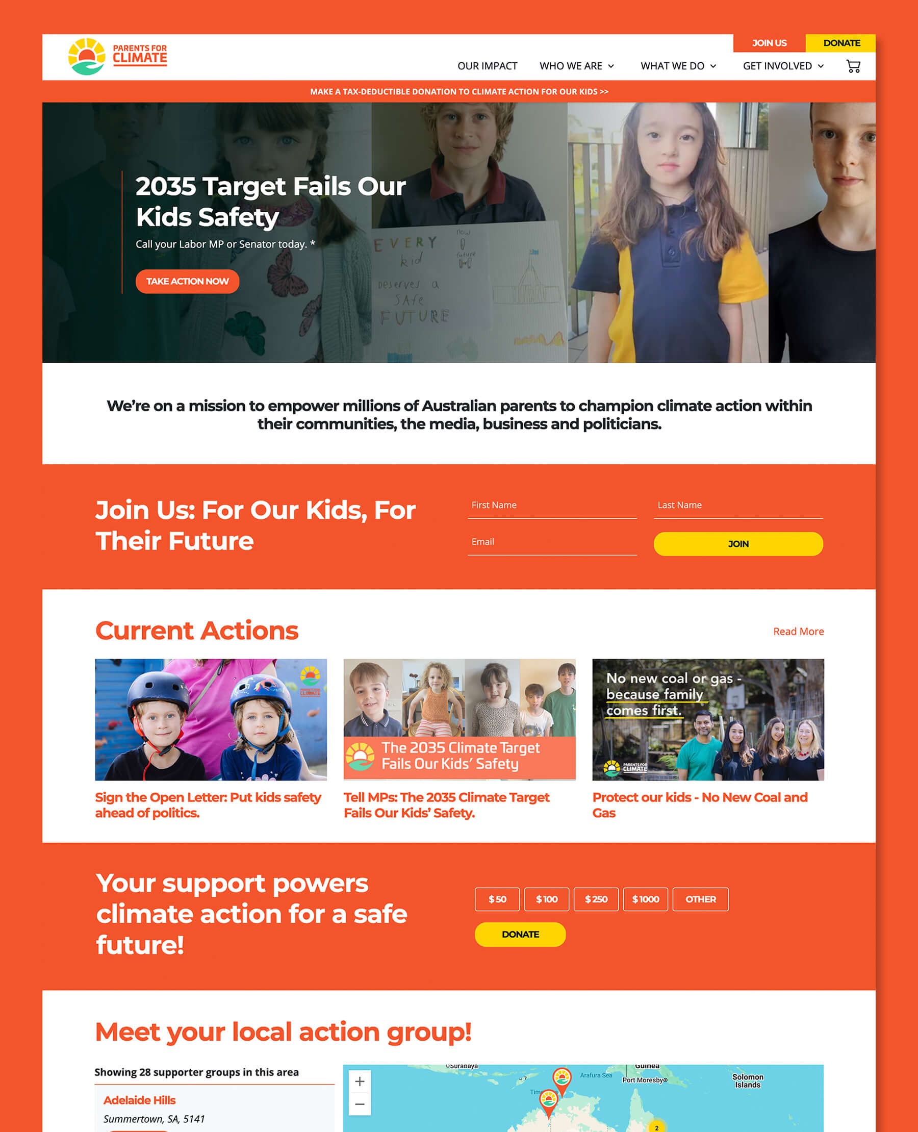 Screenshot of the Parents for Climate website showing a campaign banner reading “2035 Target Fails Our Kids’ Safety,” calls to action to join, donate, and take action, current climate campaigns, and a map of local action groups.