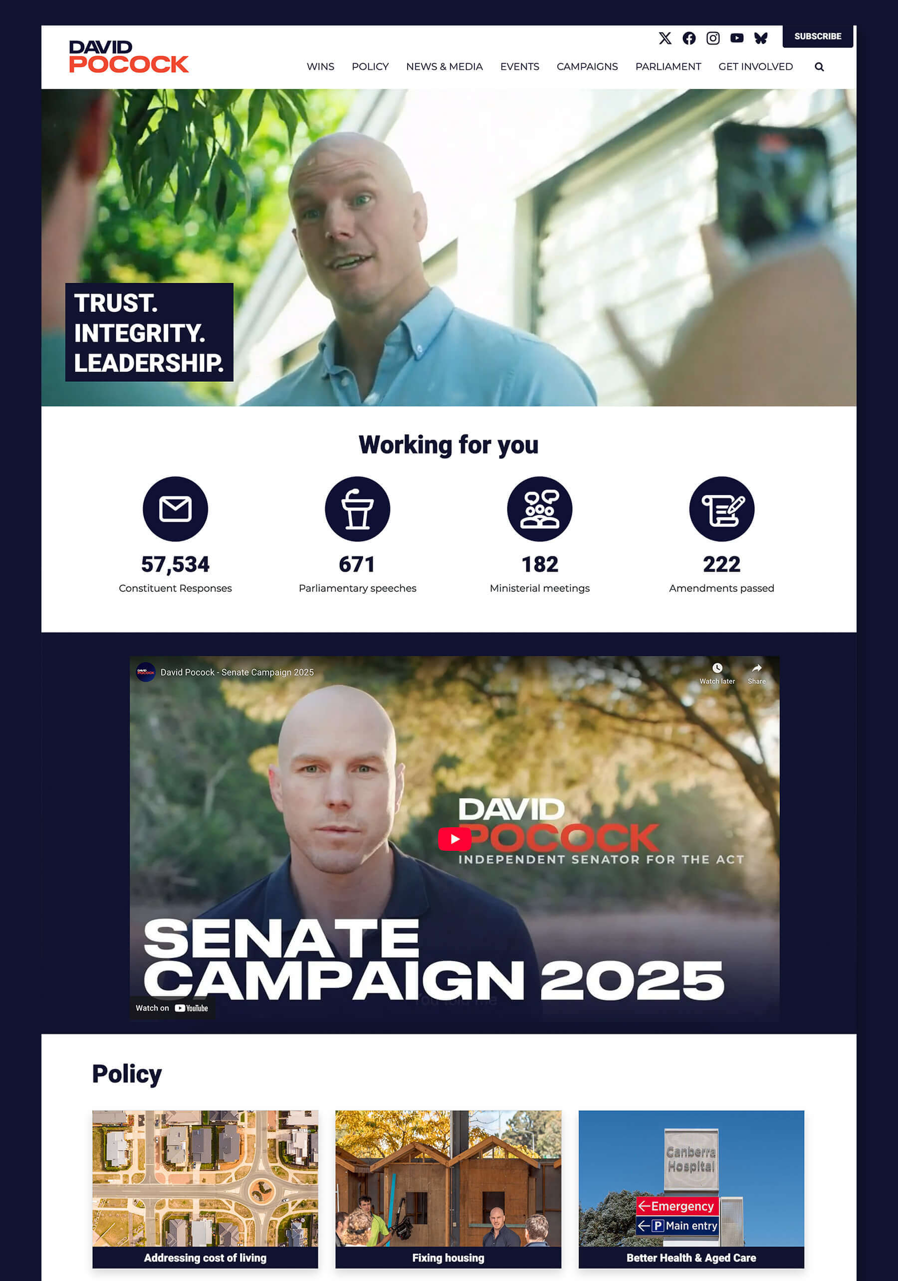 Screenshot of the David Pocock website showing campaign messaging for an independent senator, impact statistics, a “Senate Campaign 2025” video, and policy sections on cost of living, housing, and health care.