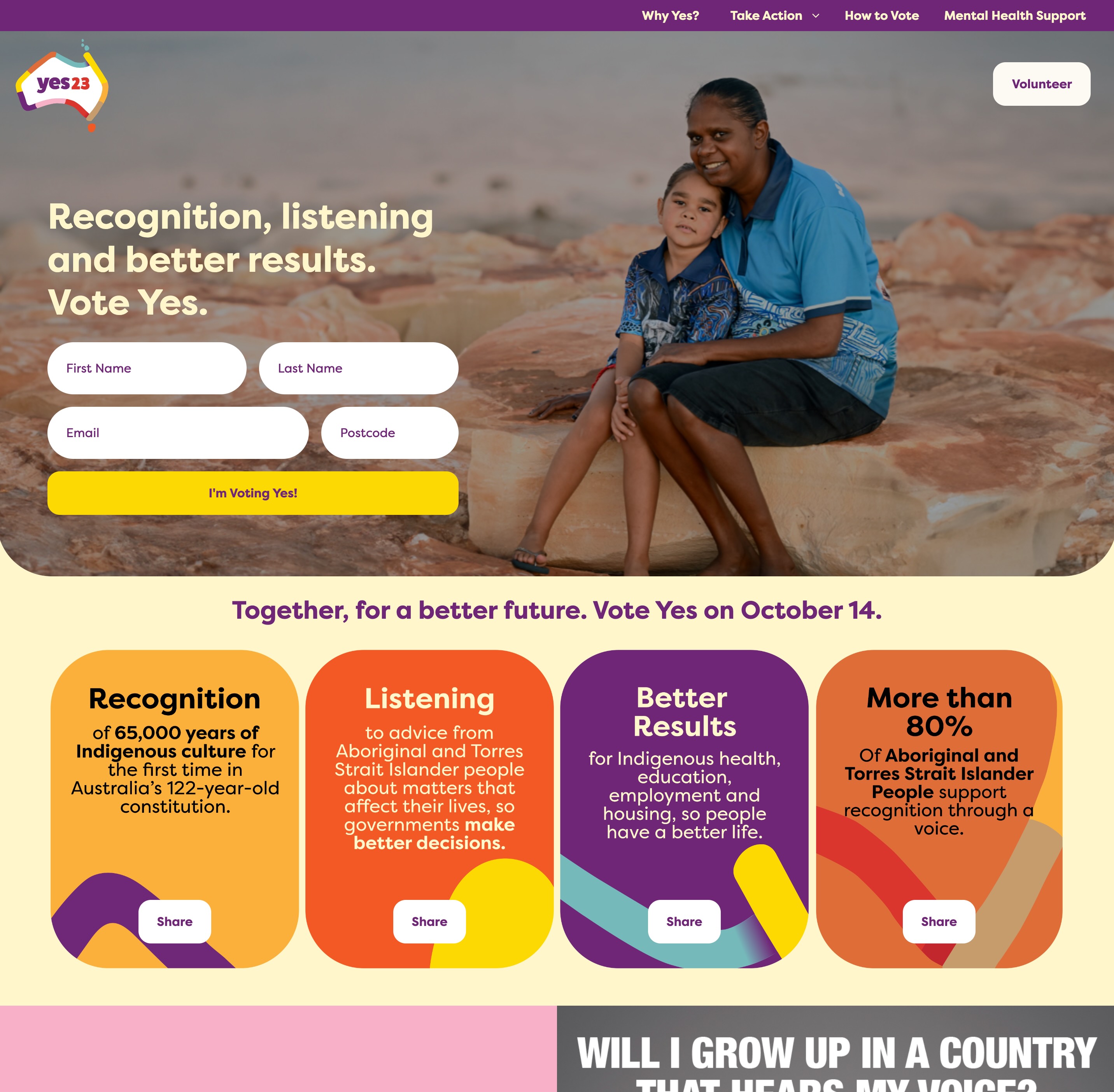 Yes23 campaign website promoting a Yes vote for the Indigenous Voice to Parliament referendum, showing an Aboriginal woman and child alongside messages about constitutional recognition, listening to Indigenous communities, and better results.