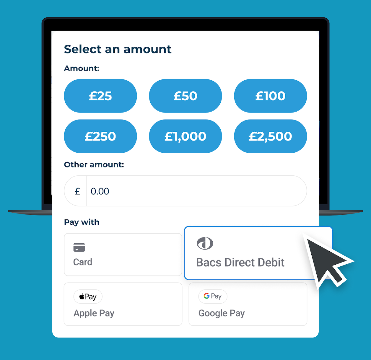 A payment module from NationBuilder showing payment increments and payment options, including Apple Pay and Google Pay, with Bacs Direct Debit highlighted.