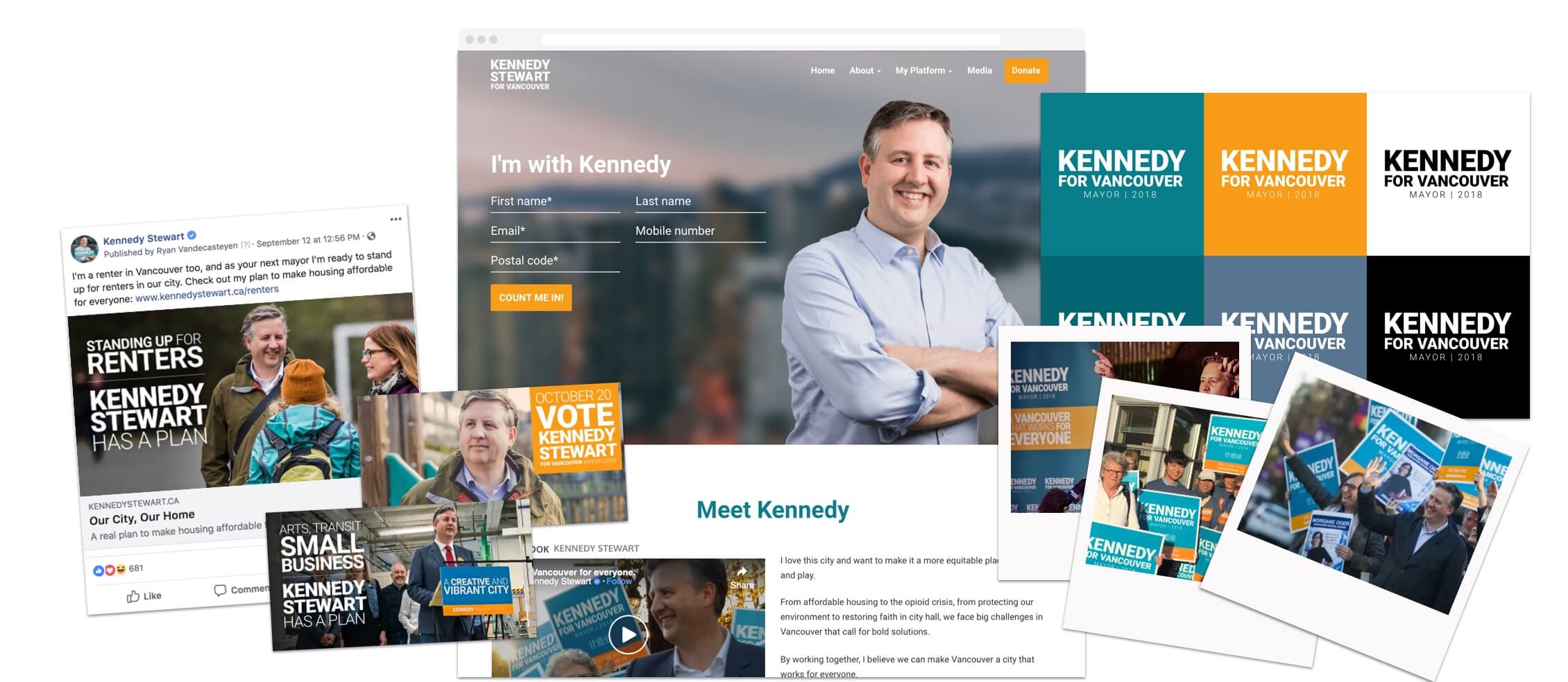 Kennedy Stewart mayoral campaign website and social media presence designed by Van City Studios, showing integrated digital strategy for Vancouver's 2018 election.