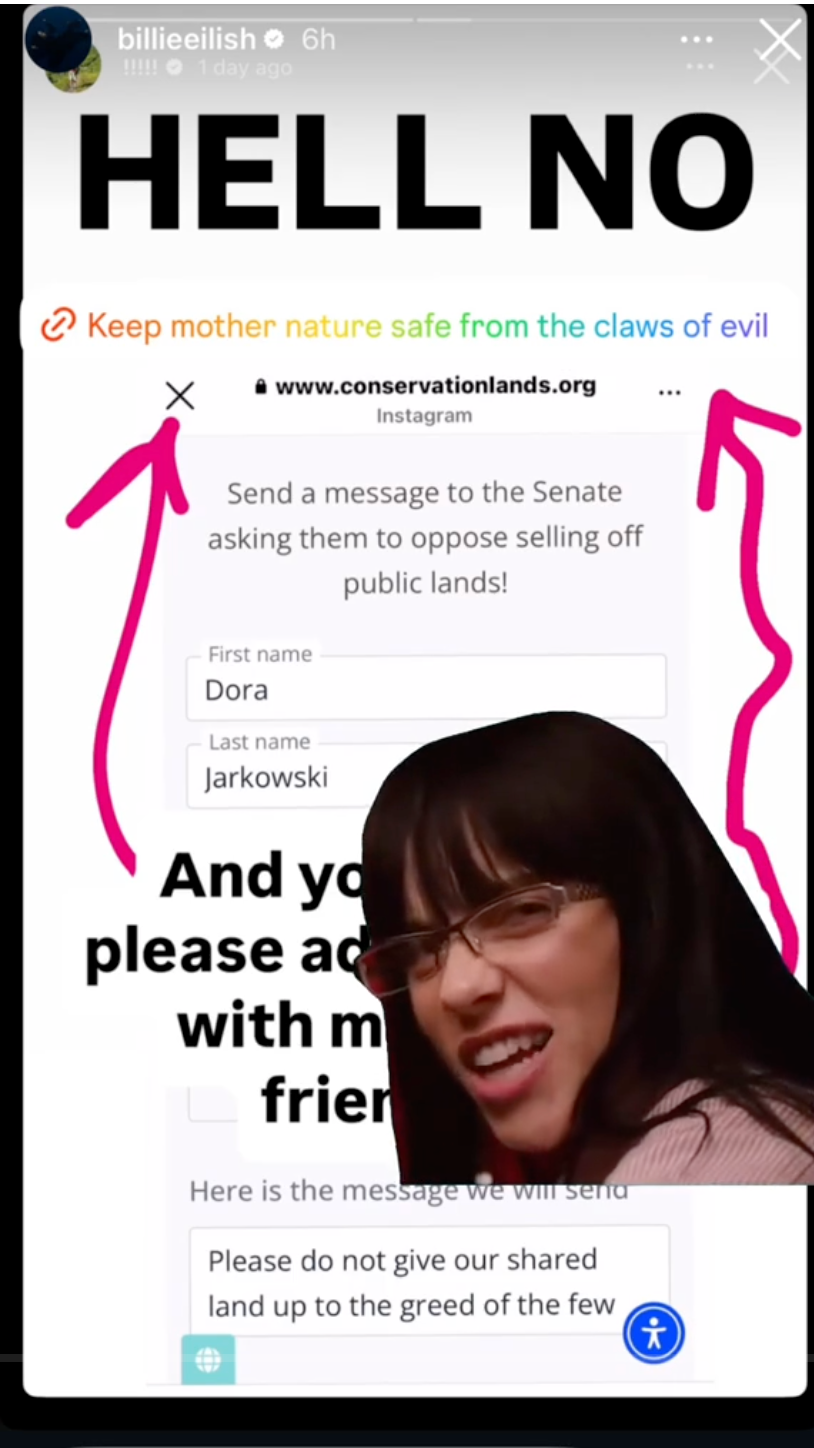 Screenshot of a celebrity Instagram story linking to a Conservation Lands Foundation action page, showing a message urging viewers to oppose selling off public lands and a prefilled form to contact the Senate.