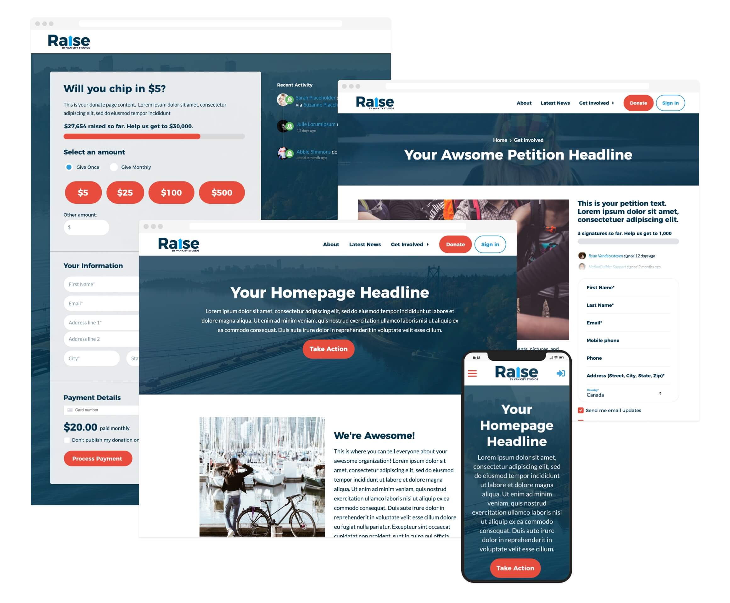 Collage of redesigned Raise theme pages by Van City Studios, showing a homepage, donation form, petition page, and mobile layout for NationBuilder websites.