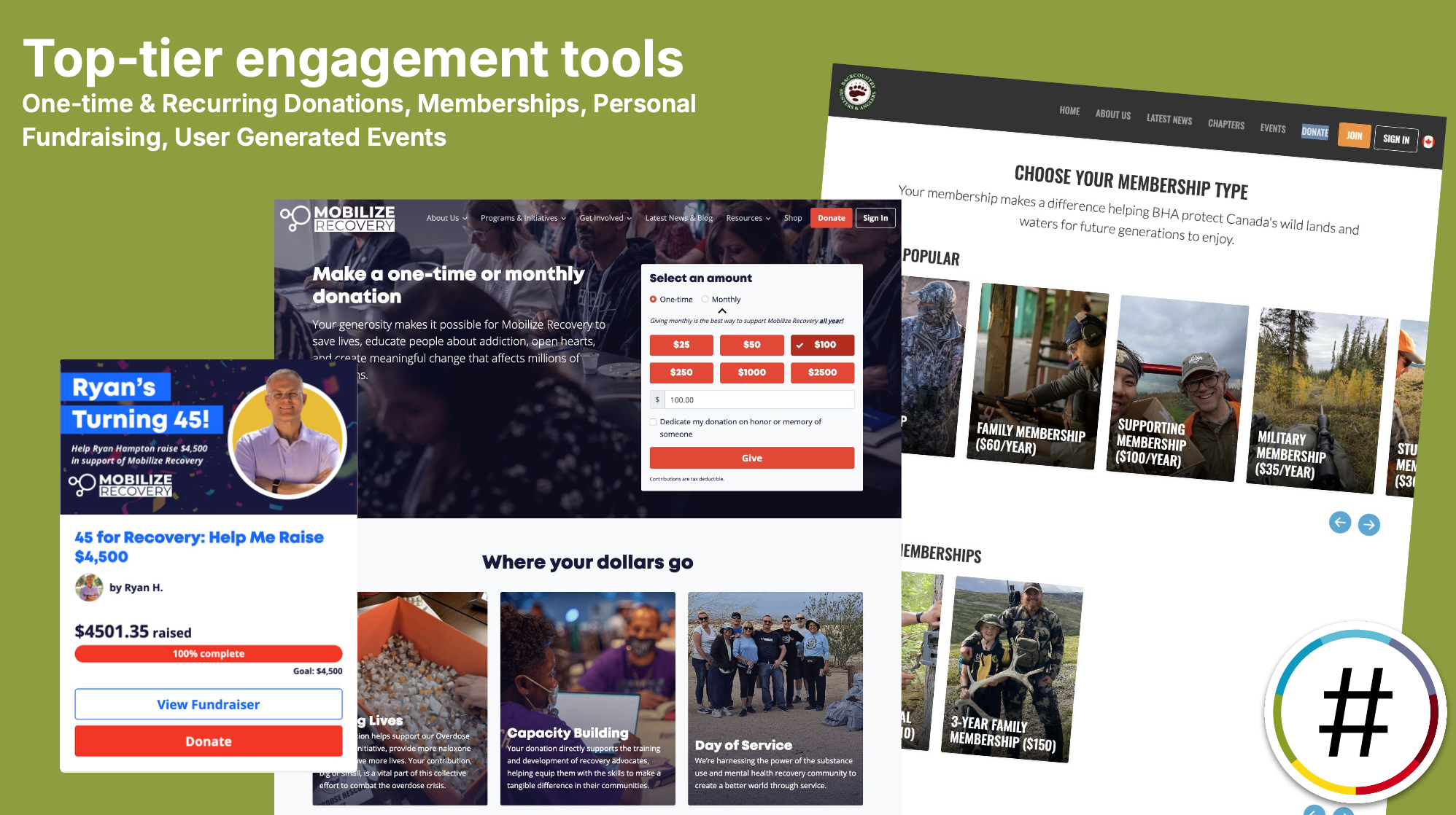 Slide from the ‘Asks that convert’ webinar highlighting top-tier engagement tools, with examples of donation forms, peer-to-peer fundraising pages, and membership signup options used by nonprofit organizations.