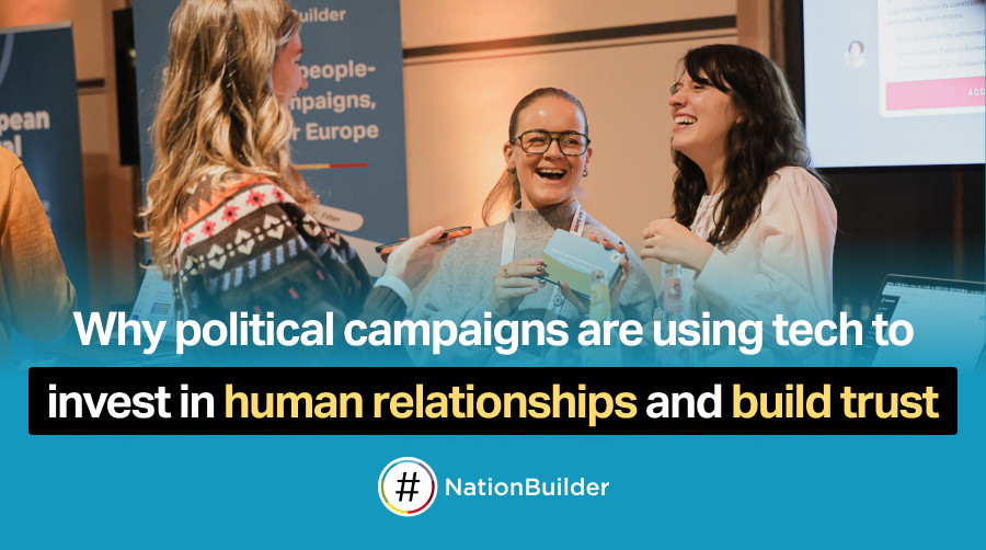 Three leaders laughing at Political Tech Summit. 