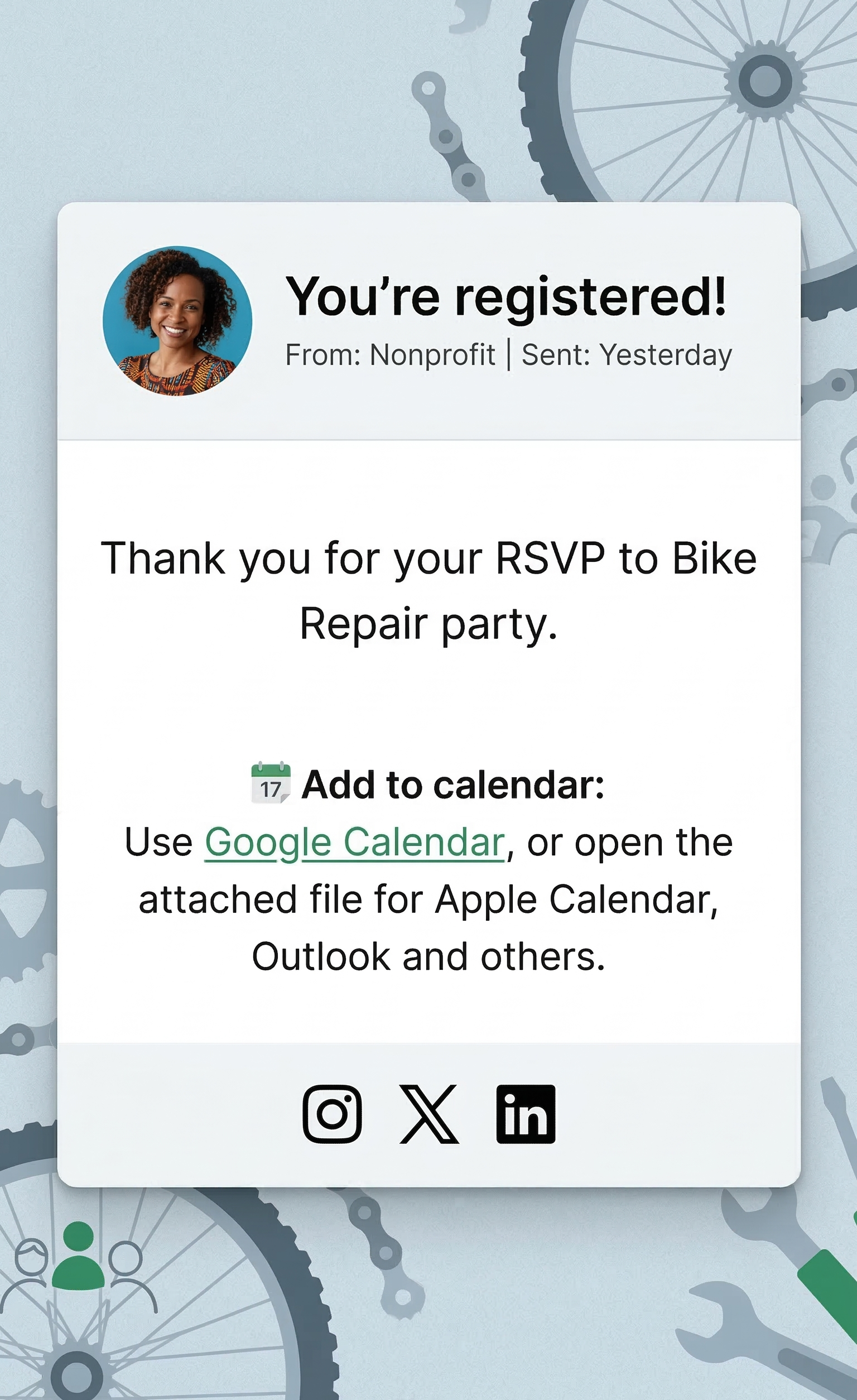 A calendar reminder message for a Bike Repair party, including an Add to calendar link for Google, Apple, and Outlook.