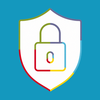 A shield with a padlock on a blue background