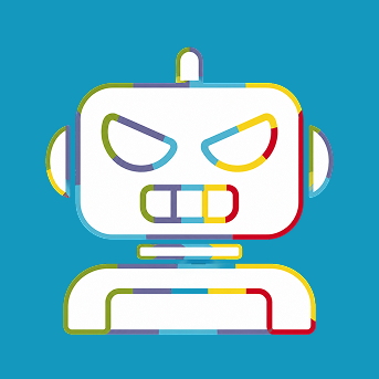 An evil robot on a blue background