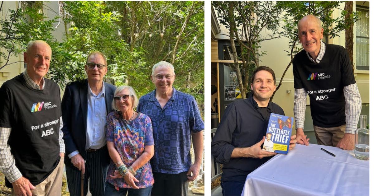 L to R Daryl Regan ABC Friends Vice President SA/NT Peter Goers ABC Friends SA/ NT Patron and IAF Board members Samela Harris and Peter Burdon Author Walter Marsh and Daryl Regan Vice President ABC Friends SA/NT