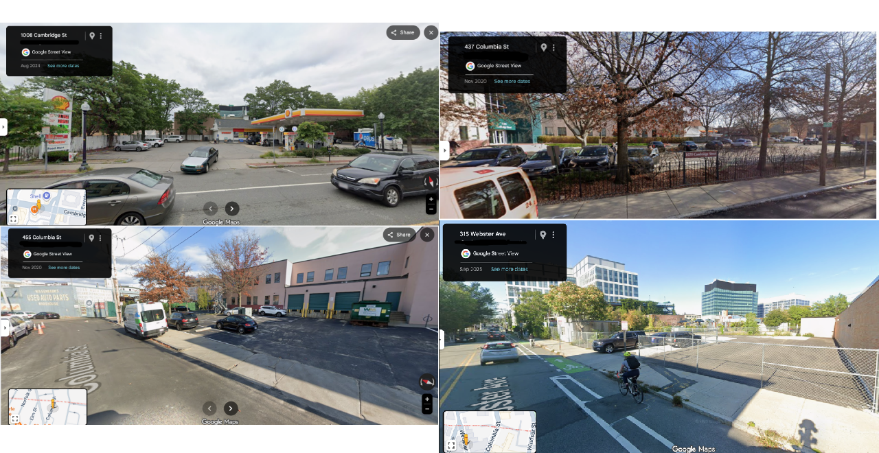 two by two collage of gas stations and parking lots near Cambridge Street 