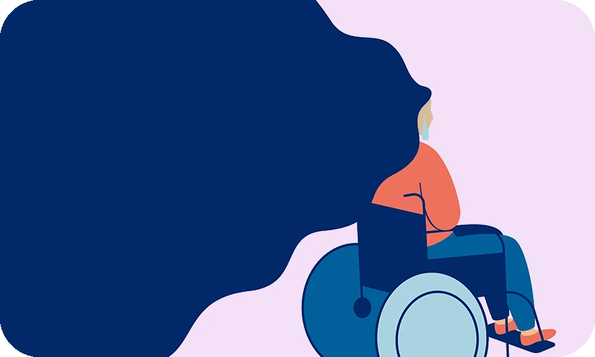 Stylised colour drawing of person in wheelchair - Getty Images  additional design by Archi Banal