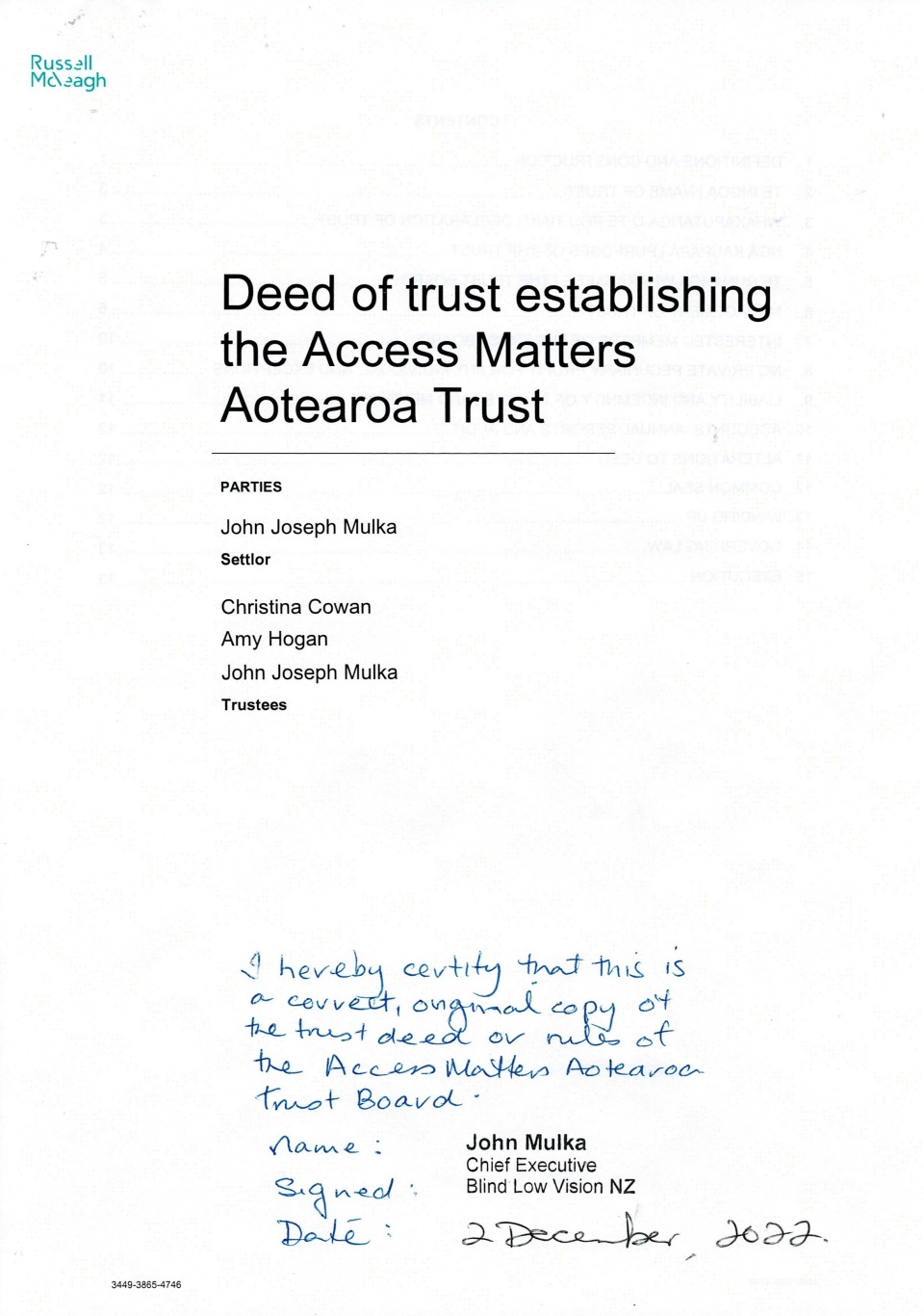 Coverpage of Trust Deed