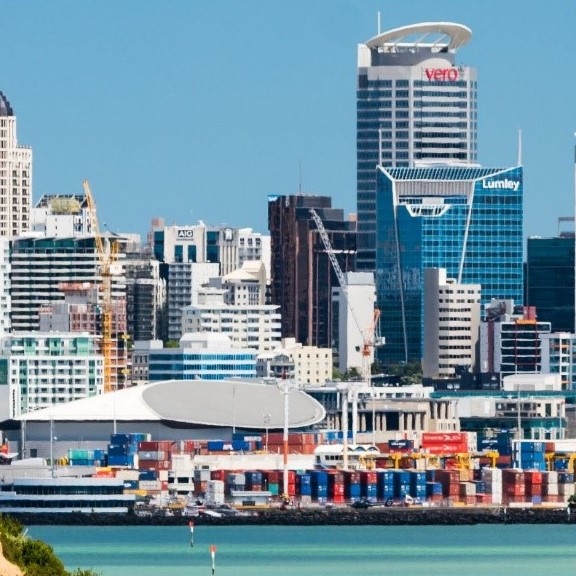 Auckland City skyline showing Spark Arena rooftop on a fine day