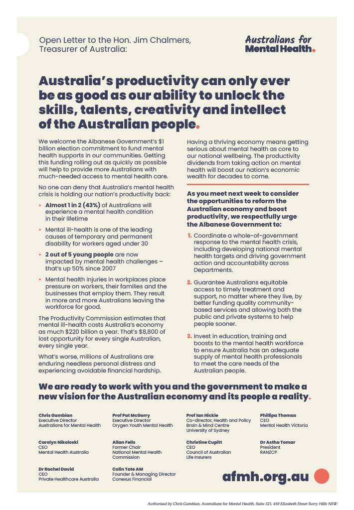 AFMH open letter to the Hon Jim Chalmers, cover image