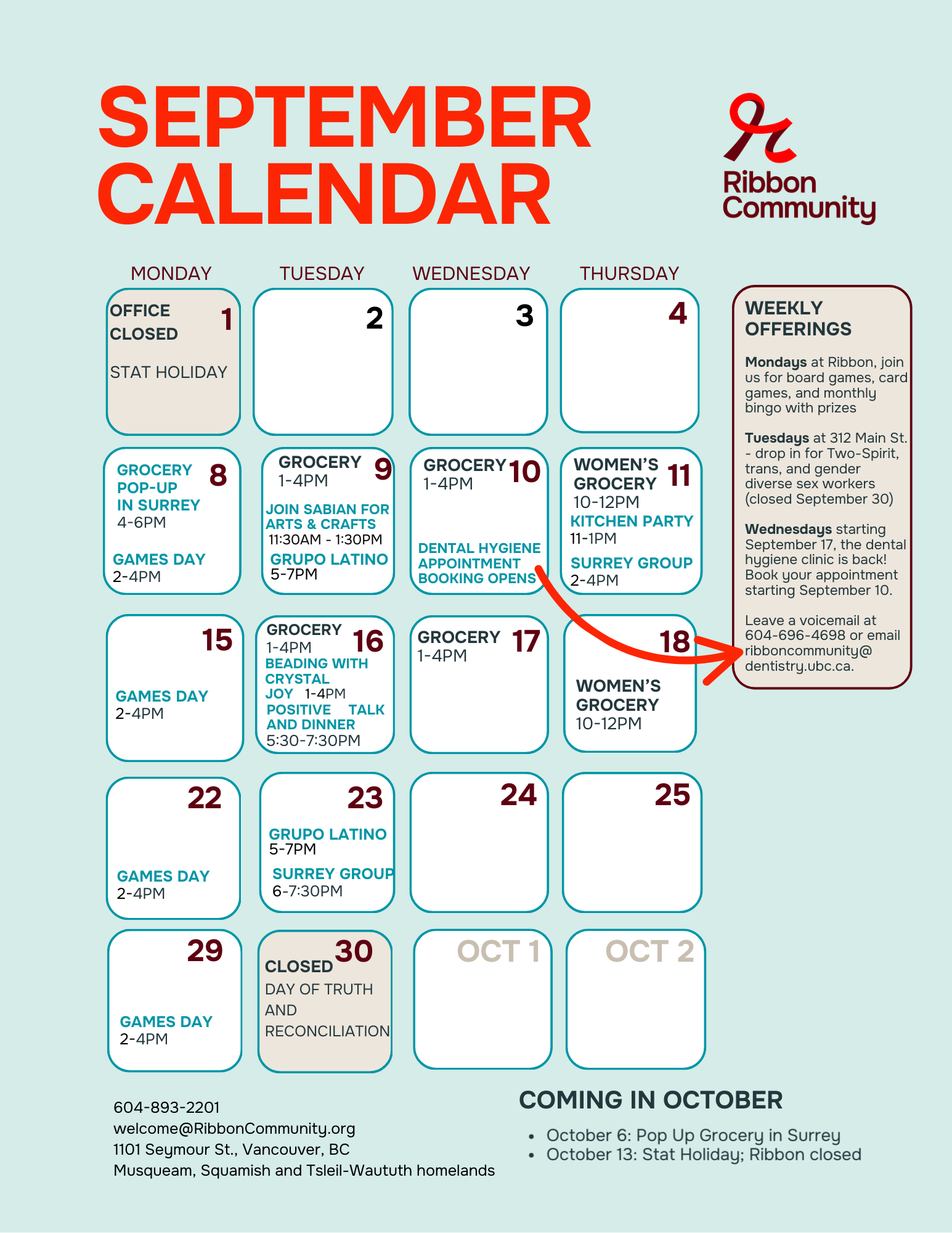 Ribbon Community September Program Calendar - details in text of webpage
