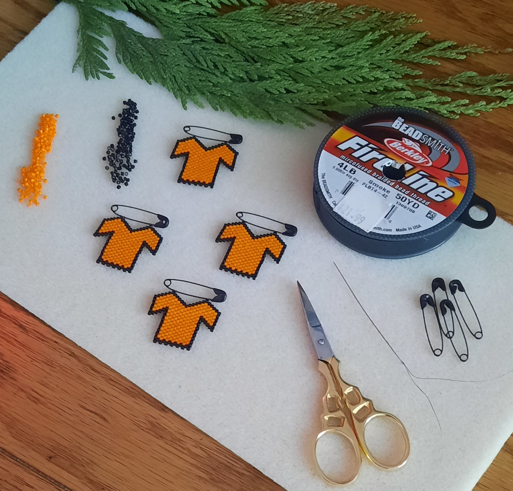 Orange Tshirt Beaded Pins and supplies
