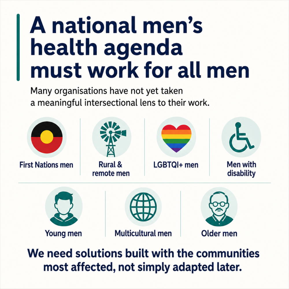 We need solutions built with communities most affected, not simply adapted later A national men's health agenda must work for all men