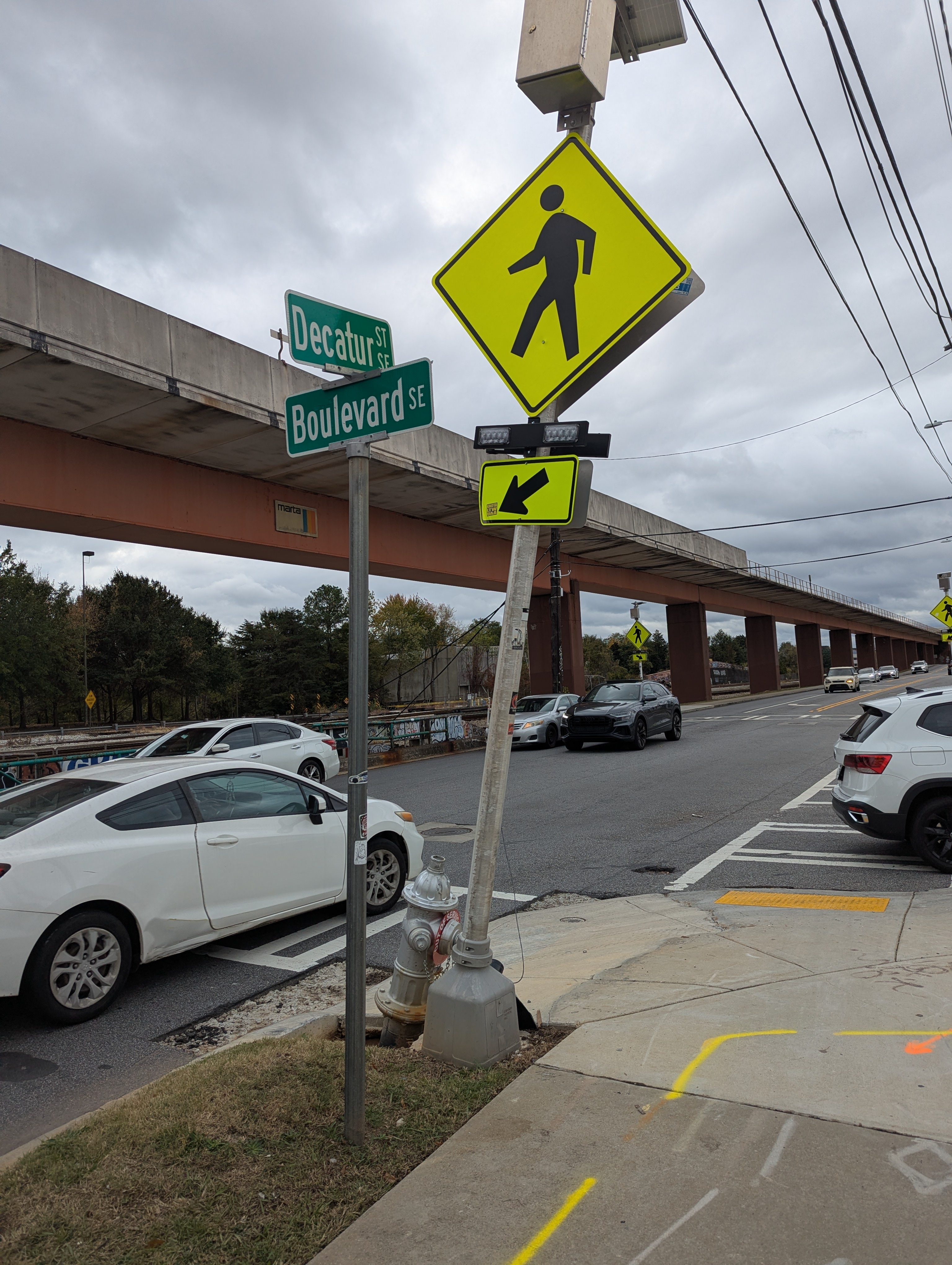 Pedestrian sign that was hit by a car
