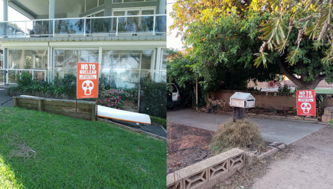 No to nuclear signs in yards close to reactor sites