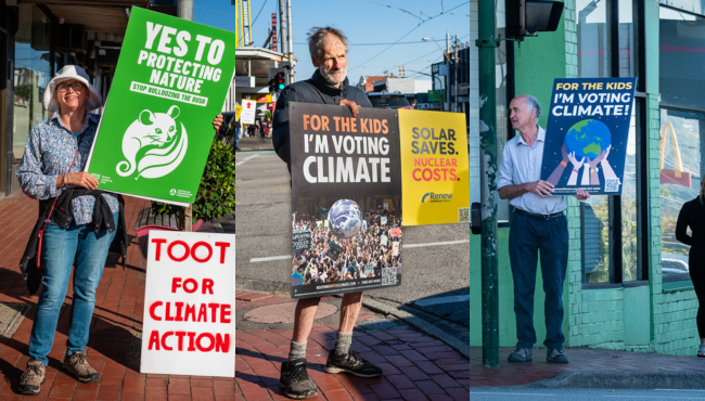 Volunteers hold up signs at busy traffic intersections