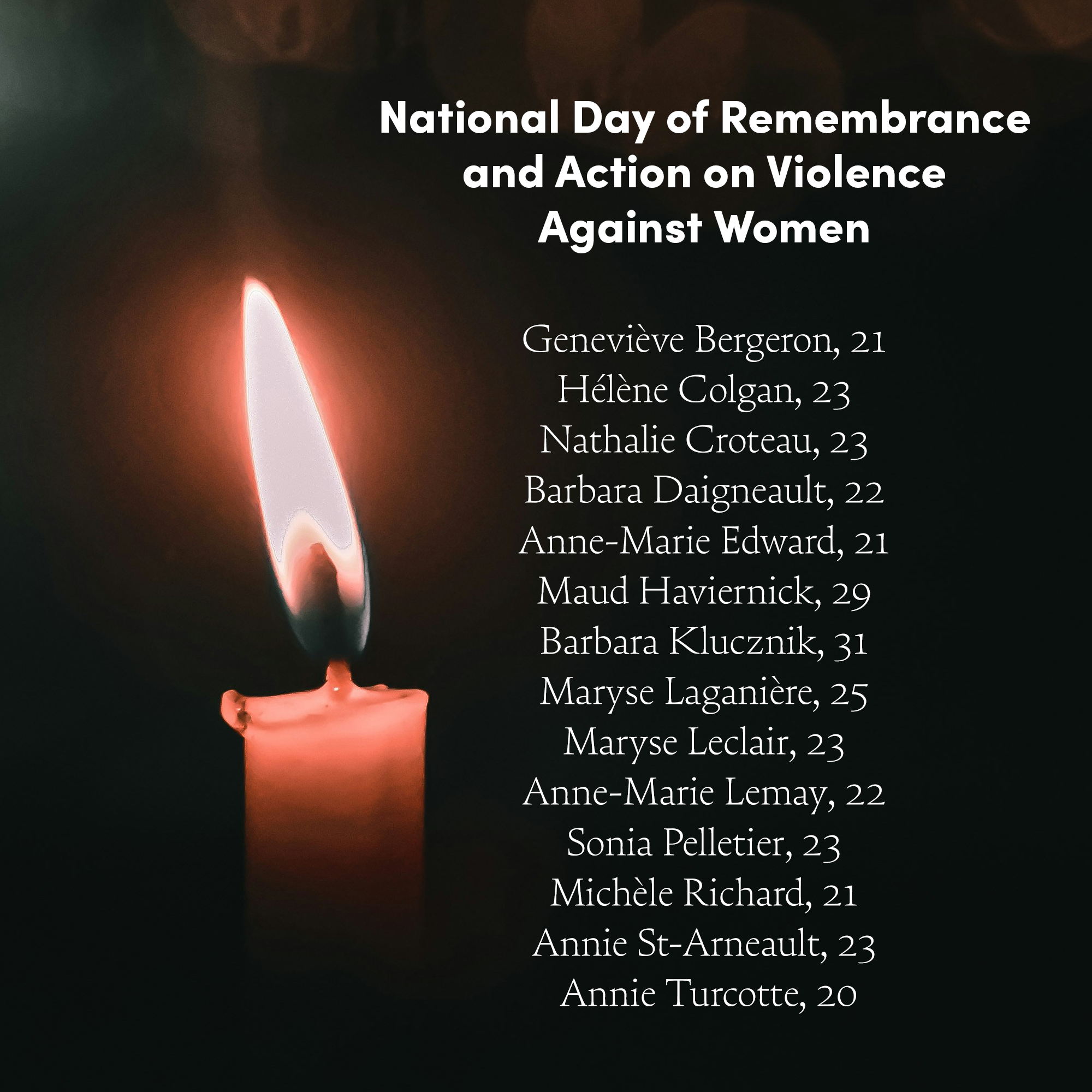 National Day of Action on Violence Against Women. List of names of the 14 women killed with a white candle in the background.