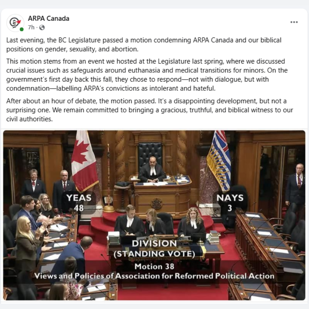 ARPA Facebook post responding to the Legislature motion