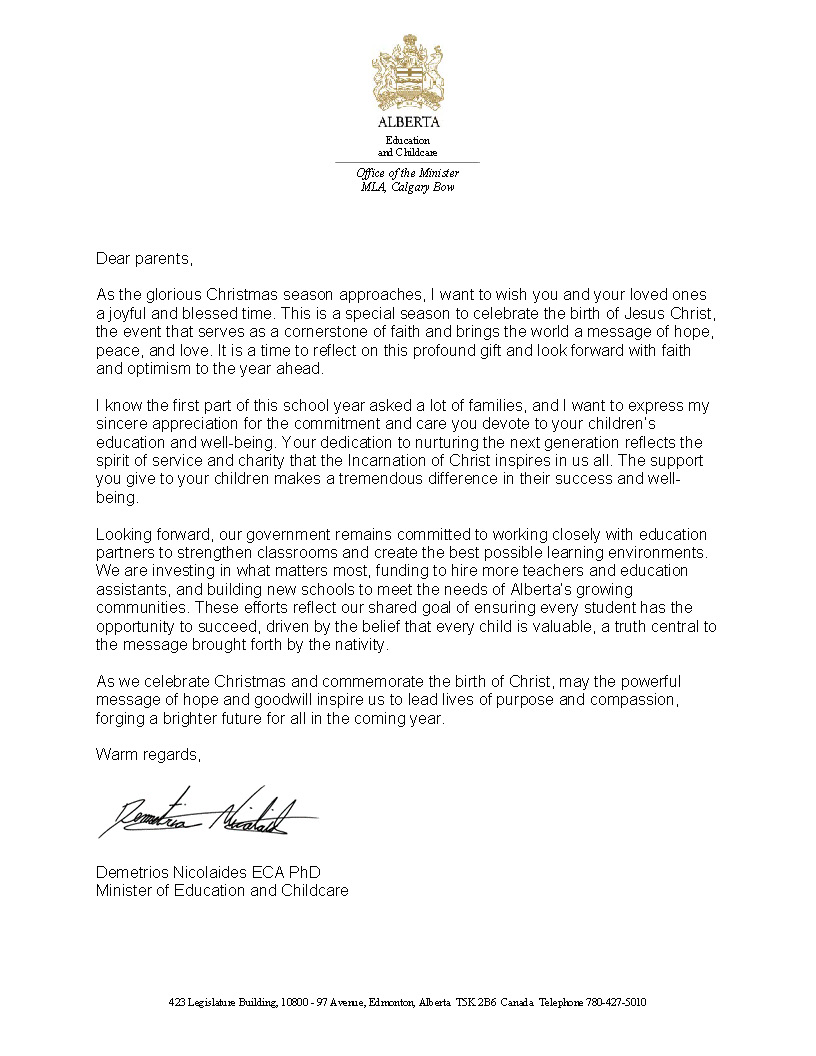 Minister Nicolaides' letter