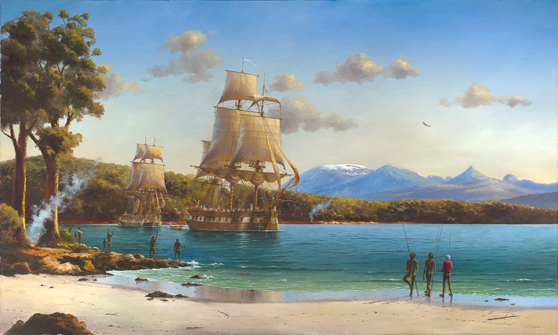 Ian Hansen, The Lyluequonny People Farewell D’Entrecasteax’s Ships “Recherche” &”Esperance” Recherche Bay, Tasmania 1793