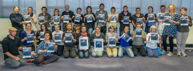 Some of the artists and volunteers meeting in the Bob Brown Foundation offices in Hobart to prepare for the Tarkine in Motion project. Photo: Francois Fourie