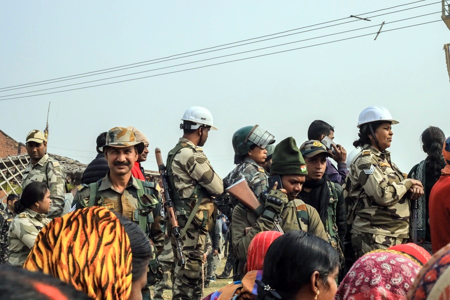 Military-style police were in attendance at the rowdy demonstration against coal by villagers affected by Adani's proposed 'Gondulpara' coal mine. Image by the author