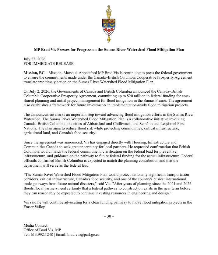 NEWS RELEASE: Statement on the Sumas River Watershed Flood Mitigation Plan