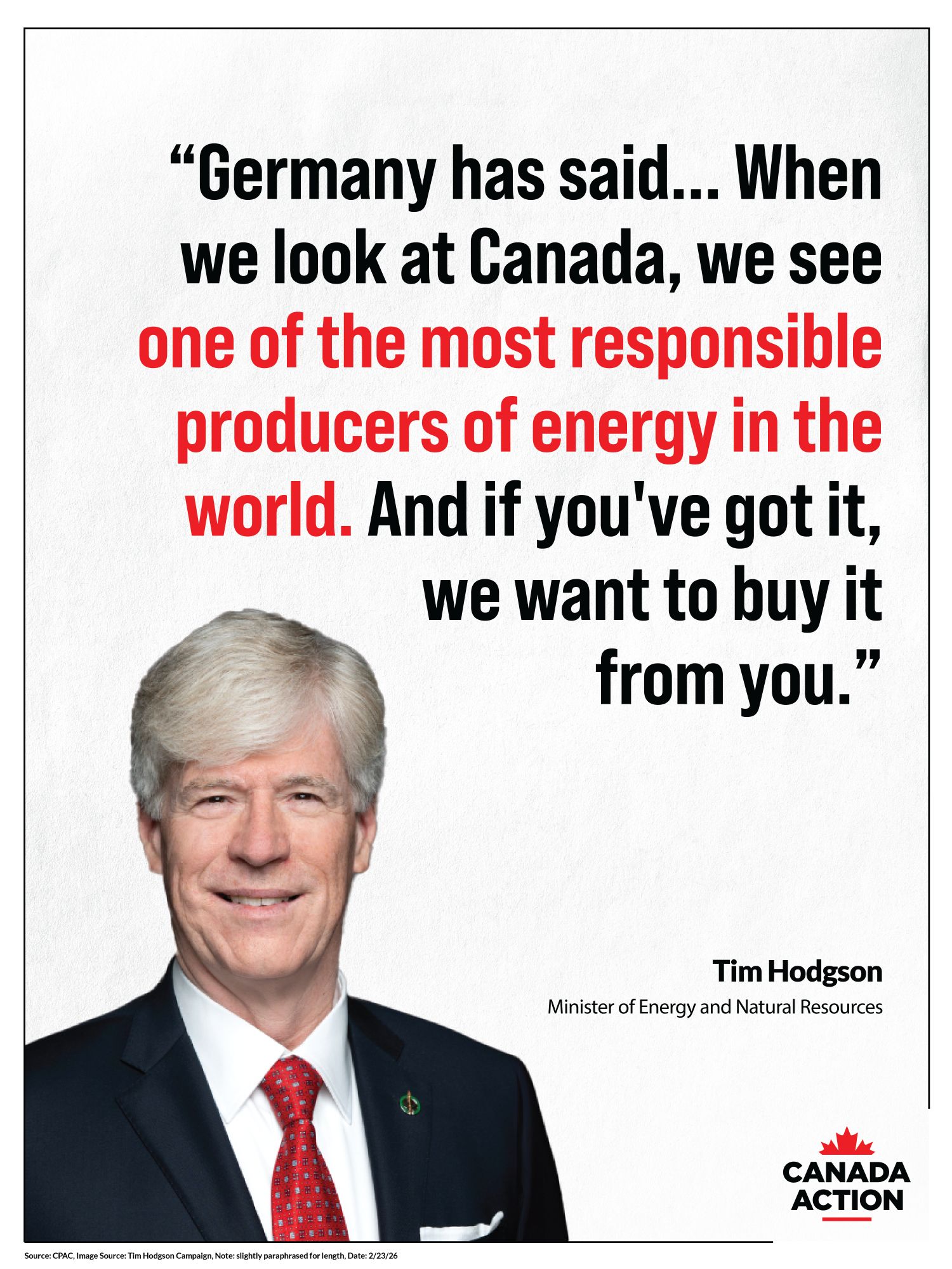 Germany says it wants Canadian energy as we are one of the most preferred suppliers in the world, according to Minister Hodgson Germany says it wants Canadian energy as we are one of the most preferred suppliers in the world, according to Minister Hodgson