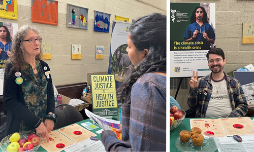 Left photo: Dr. Renée Turcotte talking to a visitor to the CAPE NB booth with posters surrounding her. Right photo: Dr. Chris Arsenault sitting and posing at the CAPE NB booth, with a poster behind him 