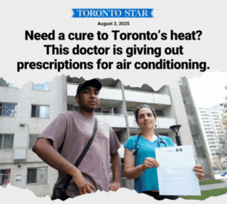 Image 1: Toronto Star's feature of Samantha Green and her air conditioning prescription. Image 2 and 3: Dr. Samantha Green holding air conditioning prescriptions with patients