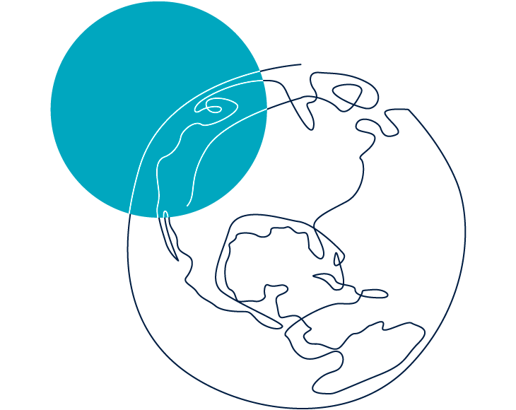 Line illustration of a globe overlapping a blue solid circle