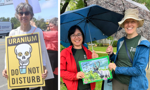 Left photo: Dr. Catherine Cervin wearing a sign with an illustration of a skull with radioactive symbols as eyes and drinking water, with text, "Uranium. Do not disturb." Right photo: Drs. Ming-Ka and Ann Loewen holding a photo of a moose with speech bubble, "I need to breathe clean air (and so do you)."