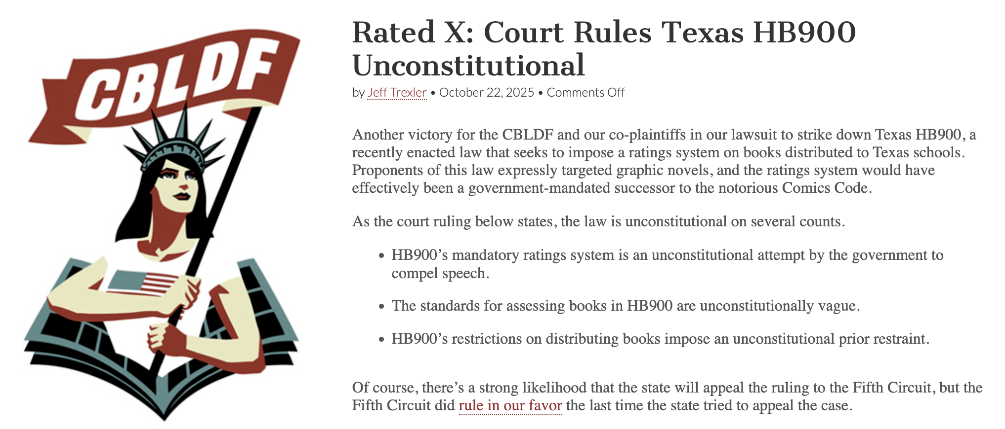 CBLDF logo and article on victory in Texas
case - link goes to full text