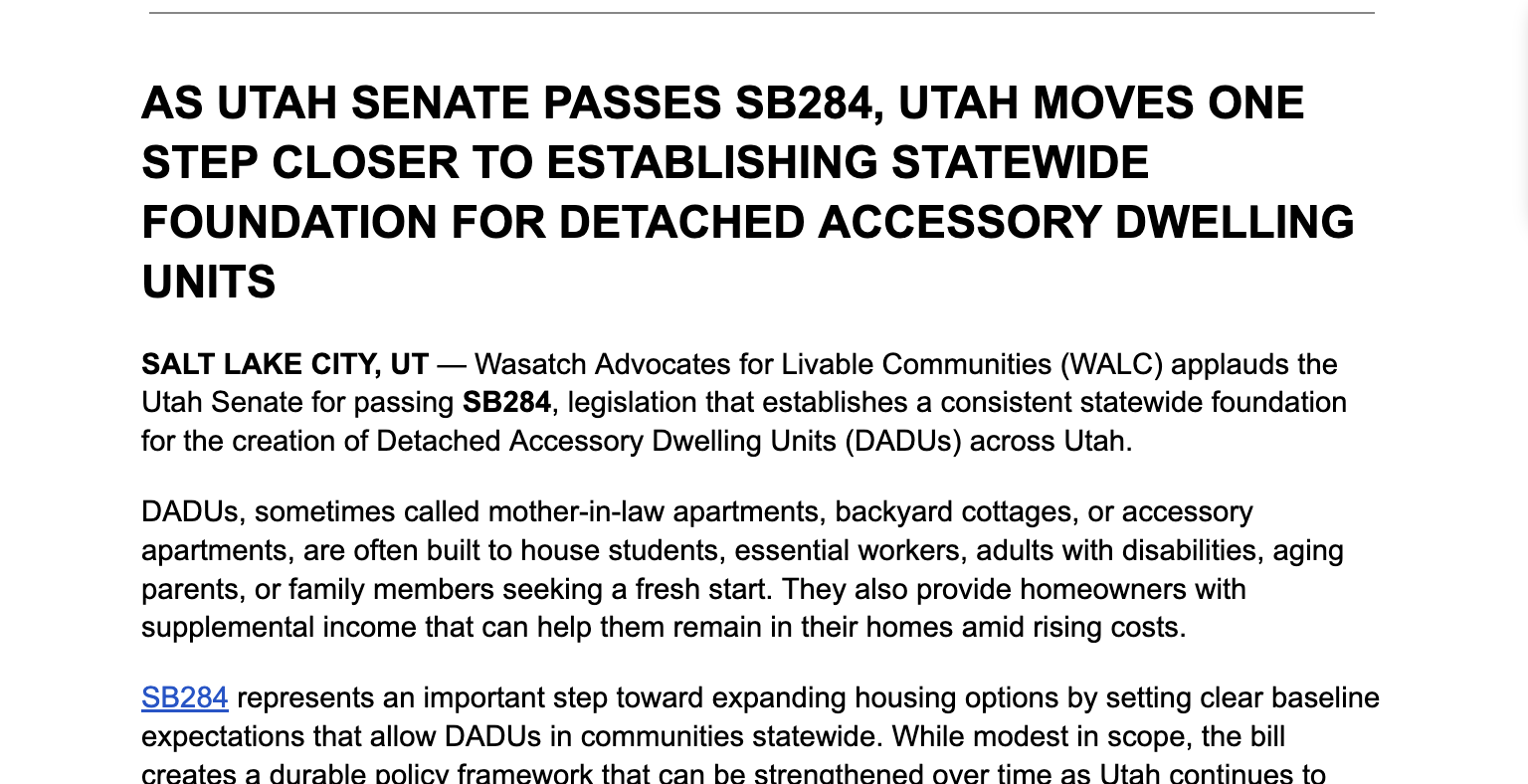 AS UTAH SENATE PASSES SB284, UTAH MOVES ONE STEP CLOSER TO ESTABLISHING STATEWIDE FOUNDATION FOR DETACHED ACCESSORY DWELLING UNITS