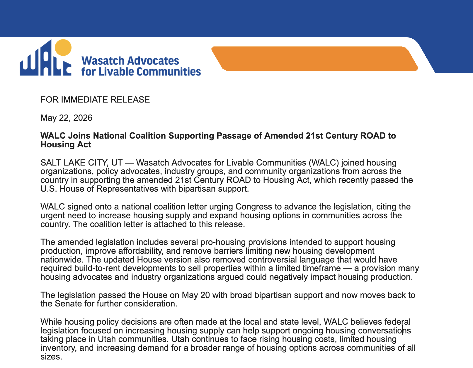 WALC Joins National Coalition Supporting 21st Century ROAD to Housing Act