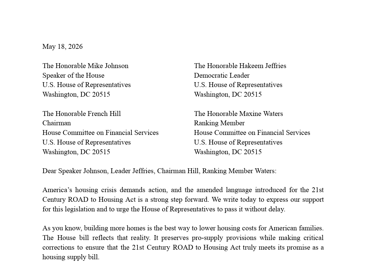 National Coalition Letter Supporting the 21st Century ROAD to Housing Act