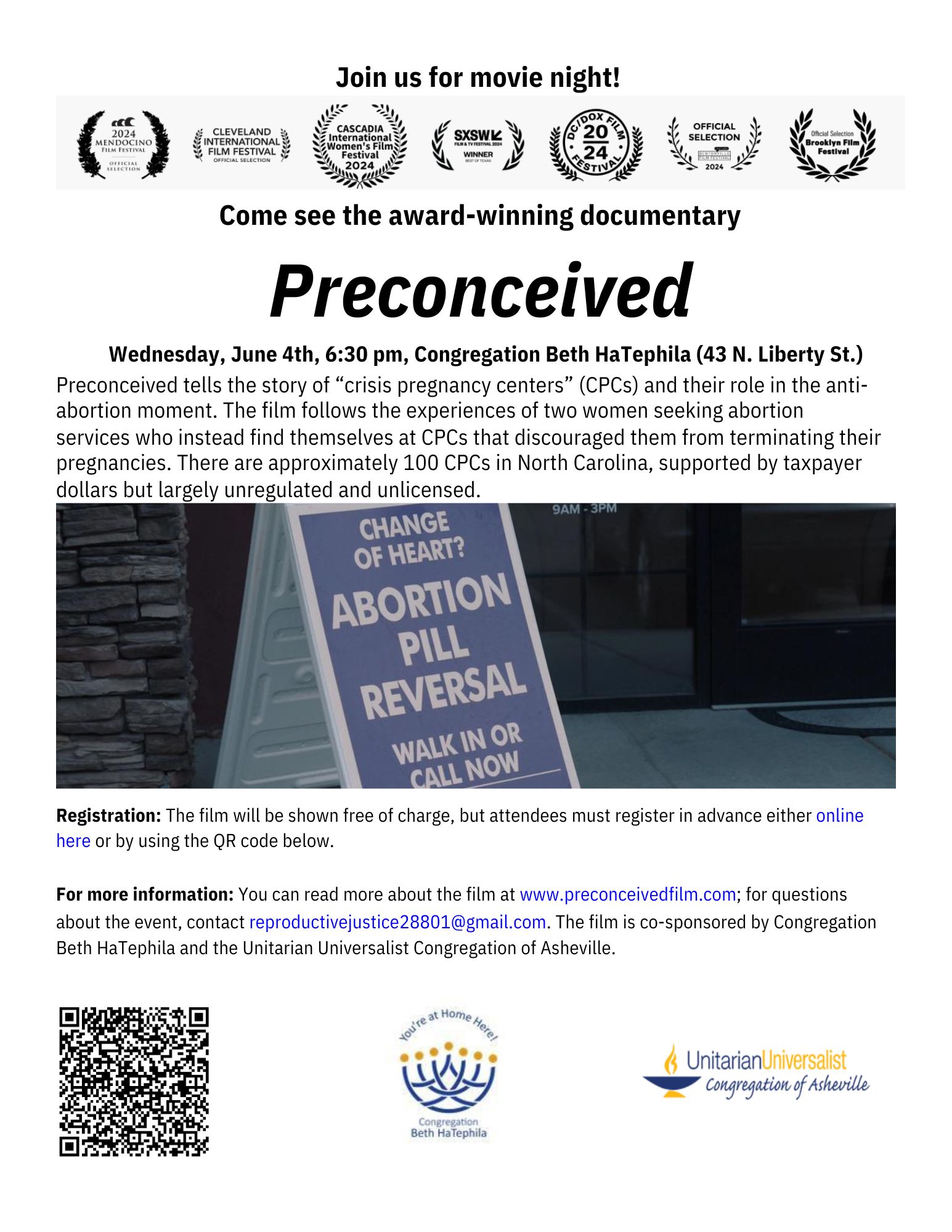 WNC Preconceived movie showing - Carolina Jews for Justice