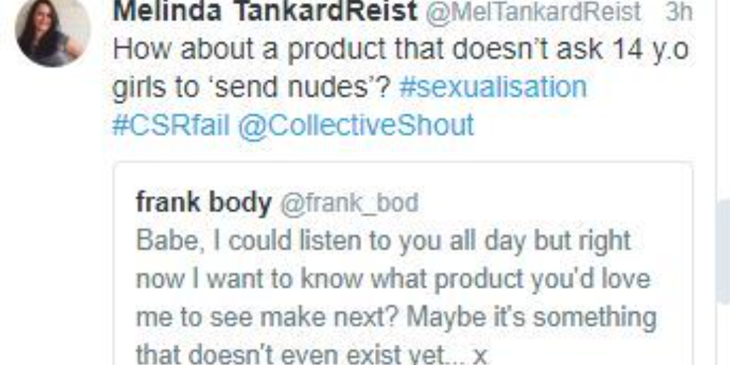 Why is Frank Body asking young girls for naked selfies?