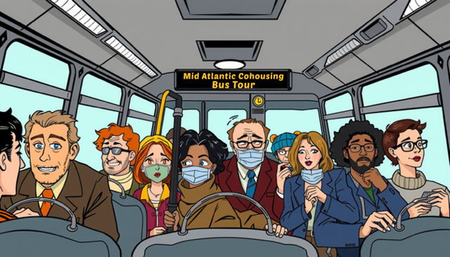 AI-generated image of people on a bus labeled Mid Atlantic Cohousing Bus Tour, excitedly talking with one another and looking forward