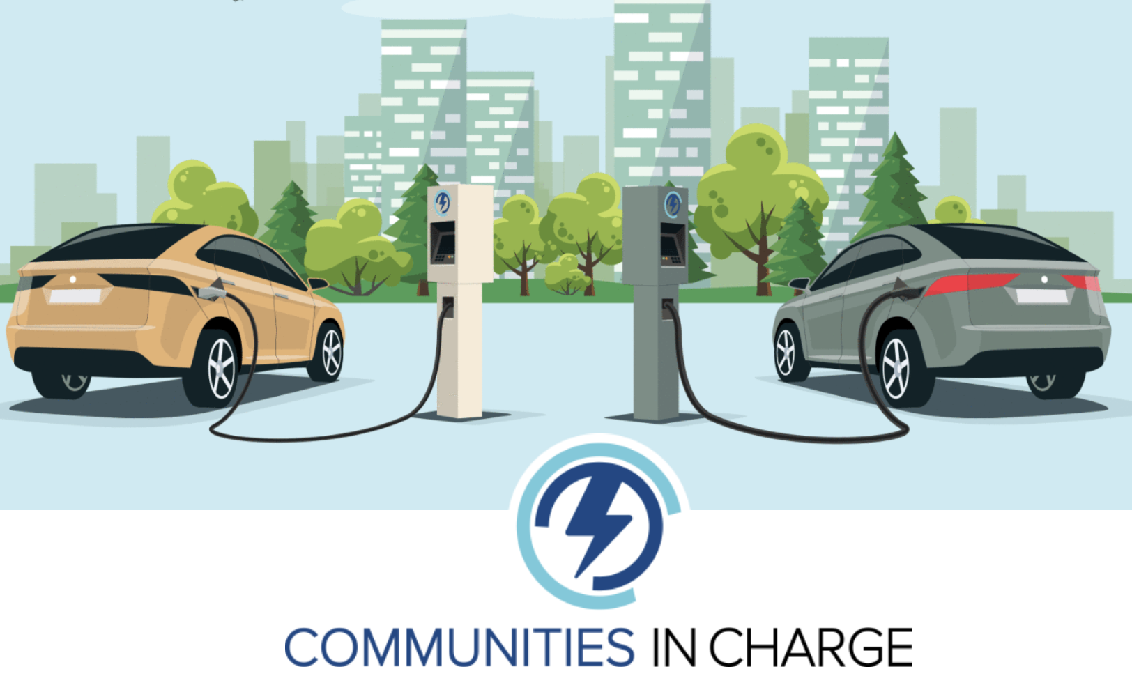Illustration of cars plugged into electric vehicle chargers, with city skyline in background